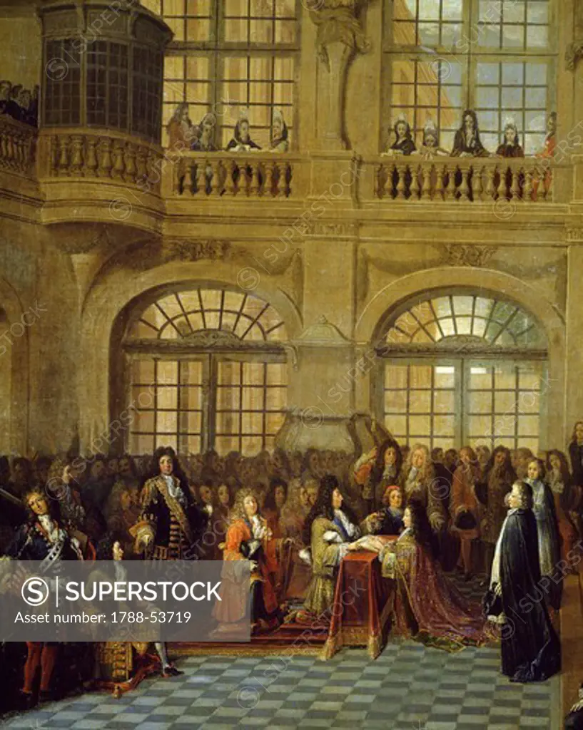 Louis XIV receiving the oath of the Marquis De Dangeau, Grand Master of the Order of St. Lazarus in the chapel of Versailles, December 18, 1695, detail from a painting by Antoine Pezey (active between 1695 and 1710). France, 17th century.