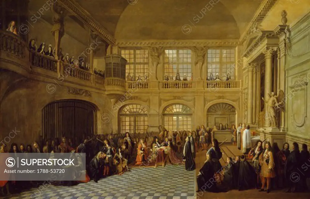 Louis XIV receiving the oath of the Marquis De Dangeau, Grand Master of the Order of St. Lazarus in the chapel of Versailles, December 18, 1695, detail from a painting by Antoine Pezey (active between 1695 and 1710). France, 17th century.