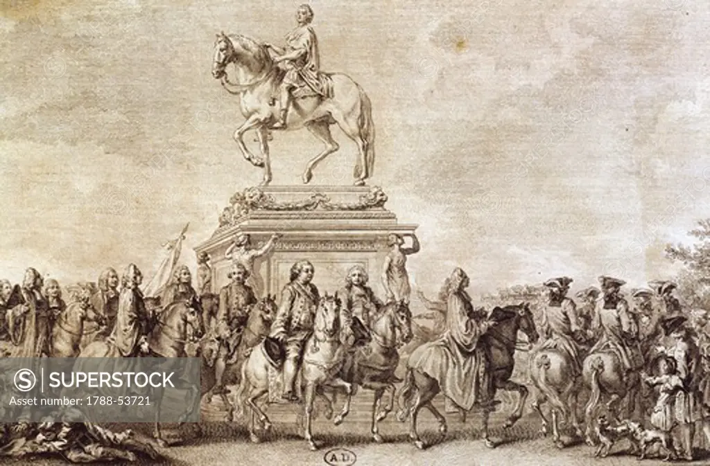 Ceremony in 1766, for the inauguration of Louis XV's statue created by the sculptor Edme Bouchardon. France, 18th century.