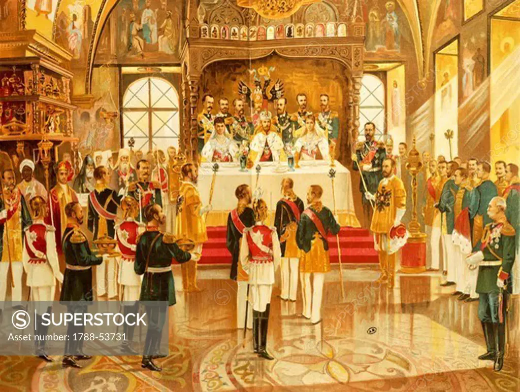 Celebration for the coronation of Tsar Nicholas II Romanov in 1896, lithograph. Russia, 19th century.