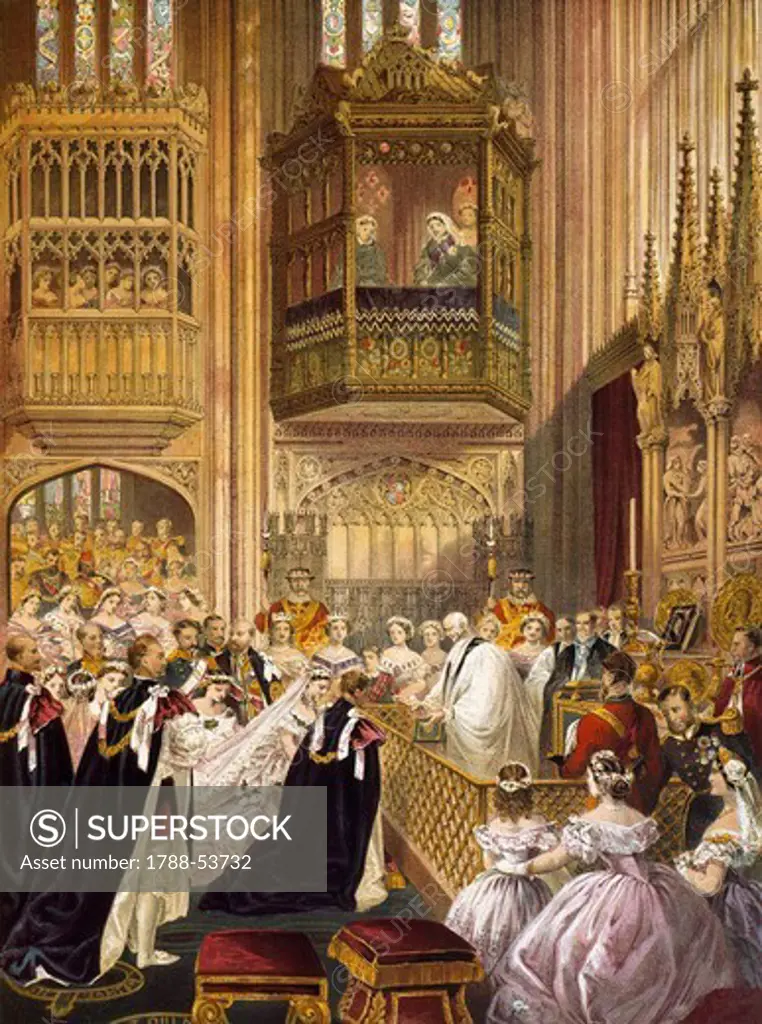 St George's Chapel in Windsor, the wedding of Edward VII, Prince of Wales, and Alexandra of Denmark, 1863. Victorian age, England, 19th century.
