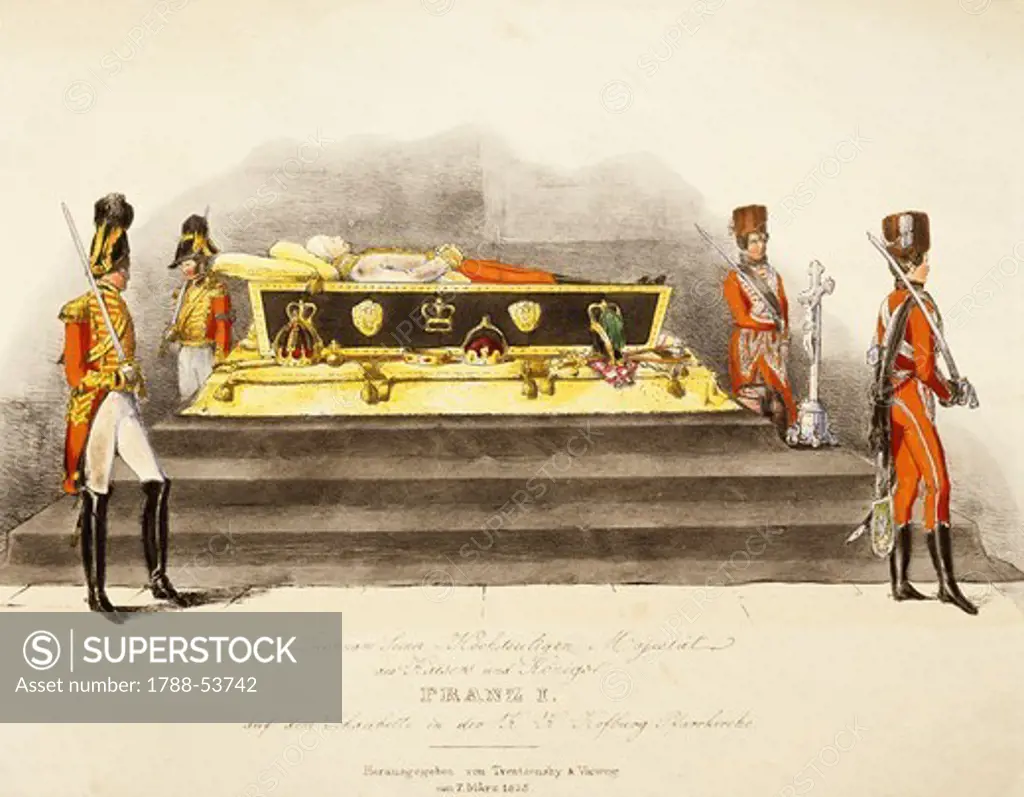 The death of Emperor Francis I of Austria (1765), colour print. Austria, 19th century.