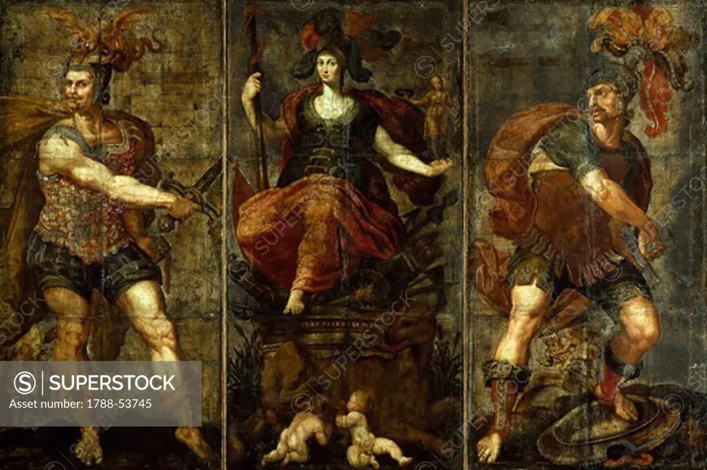 Roman heroes, Rome surrounded by Muzio Scaevola and Titus Manlius Torquatus, a leather panel painting.