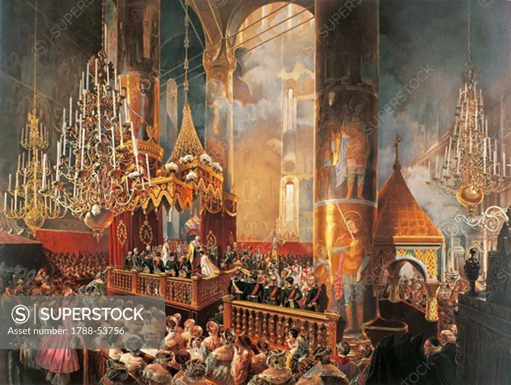 The coronation of Tsar Alexander II Romanov in 1856, colour lithograph. Russia, 19th century.