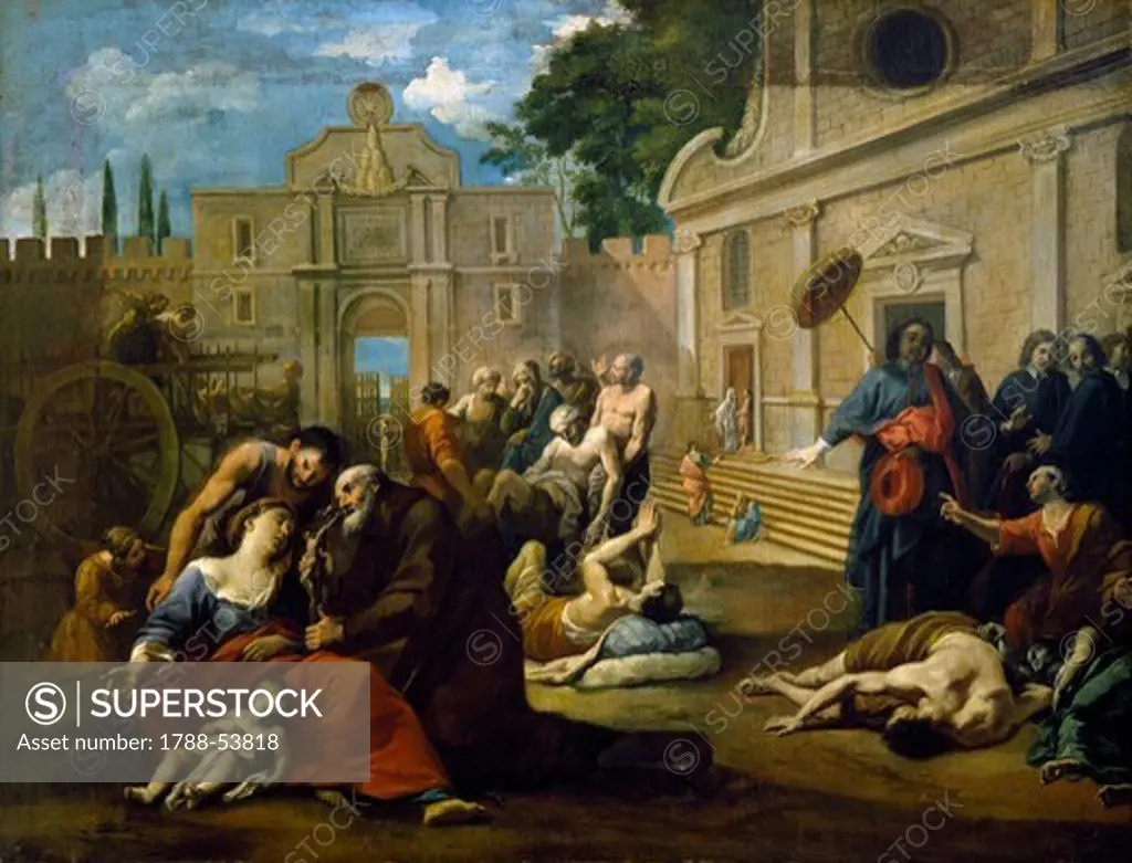 Cardinal Chigi visiting plague victims. Italy, 18th century.