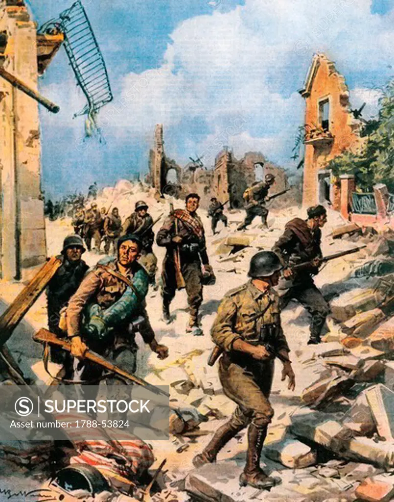 Fighting in Teruel during the Spanish Civil War. Achille Beltrame (1871-1945) from La Domenica del Corriere, 1938.