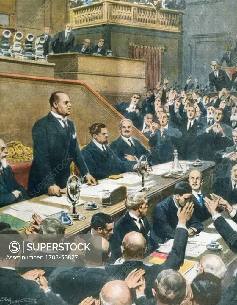 Mussolini announcing the alliance reached between the four Western powers to the Senate. Achille Beltrame (1871-1945) from La Domenica del Corriere, June 7, 1933.