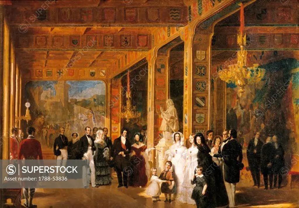 Louis Philippe and his family visiting the Hall of Crusades in the Palace of Versailles, July 1844. Restoration, France, 19th century.