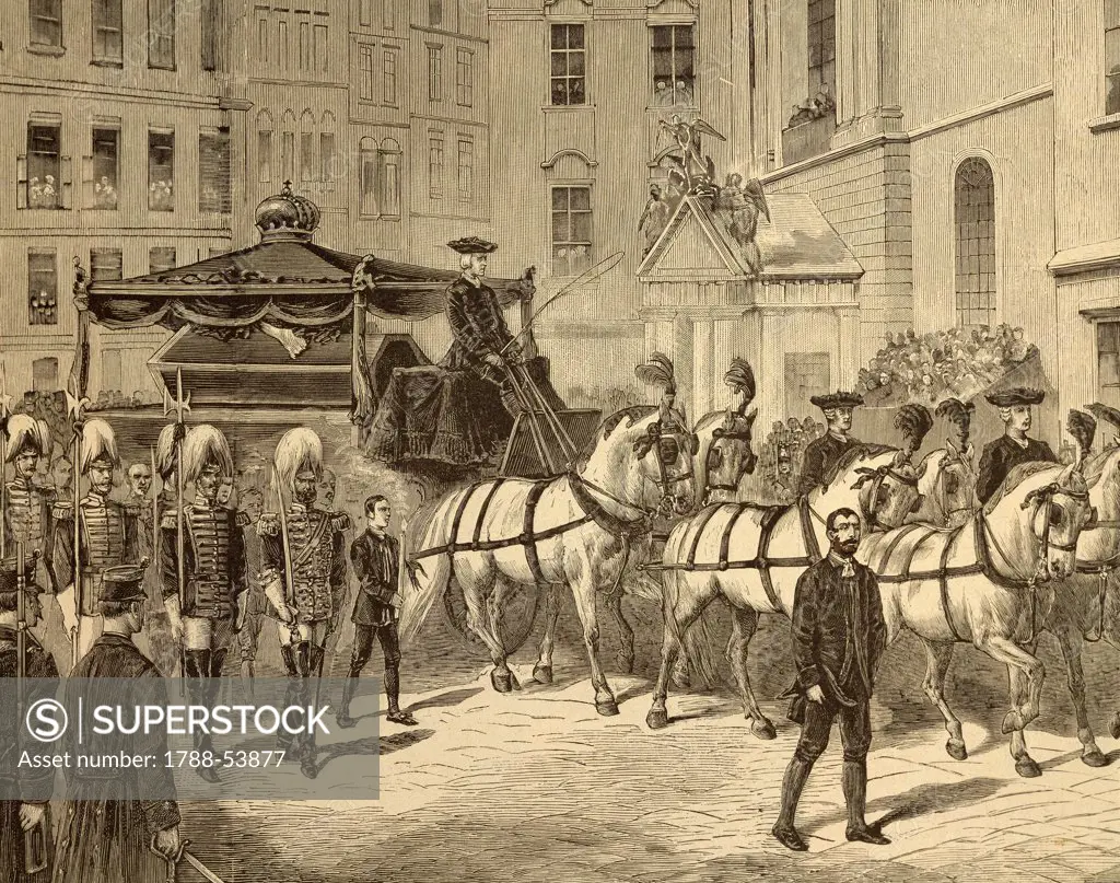 The funeral procession with the corpse of Rudolph of Habsburg arriving at the Capuchins crypt in Vienna, February 1889. Austria, 19th century.