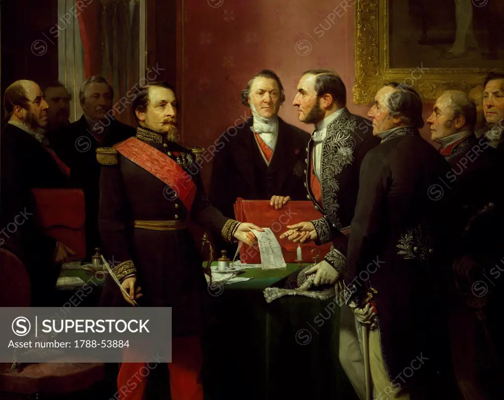 Napoleon III (1808-73) hands over the decree allowing the annexation of the suburban communes of Paris to Baron Georges Haussmann (1809-91) in June 1859, detail from a painting by Adolphe Yvon (1817-1893). France, 19th century.