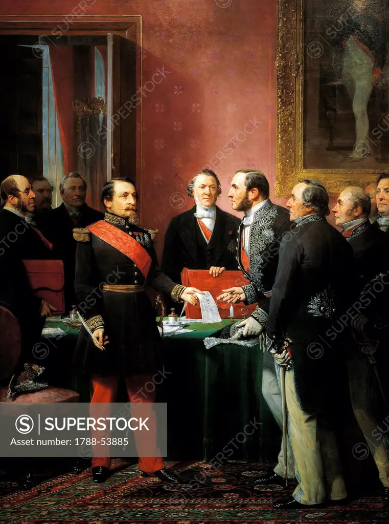 Napoleon III hands over the decree allowing the annexation of the suburban communes of Paris to Baron Georges Haussmann in June 1859, by Adolphe Yvon (1817-1893), oil on canvas, 327x230 cm. Second Empire, France, 19th century.