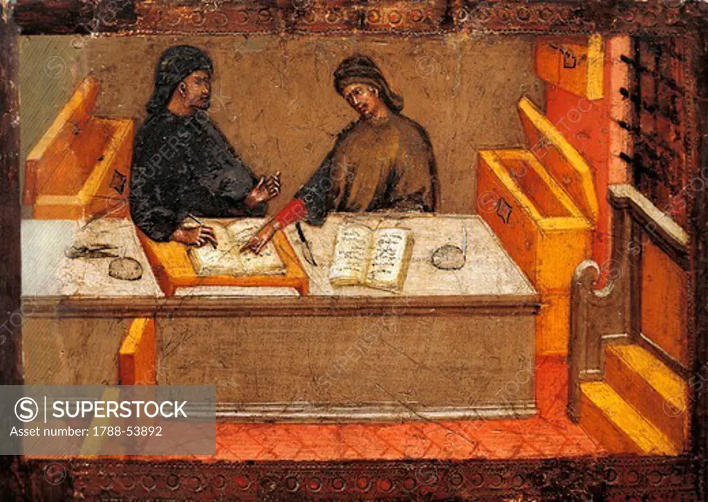 Chamberlain with his secretary in his office, 1394, attributed to Paolo di Giovanni Fei (ca 1345-ca 1411). Middle Ages, Italy, 14th century.