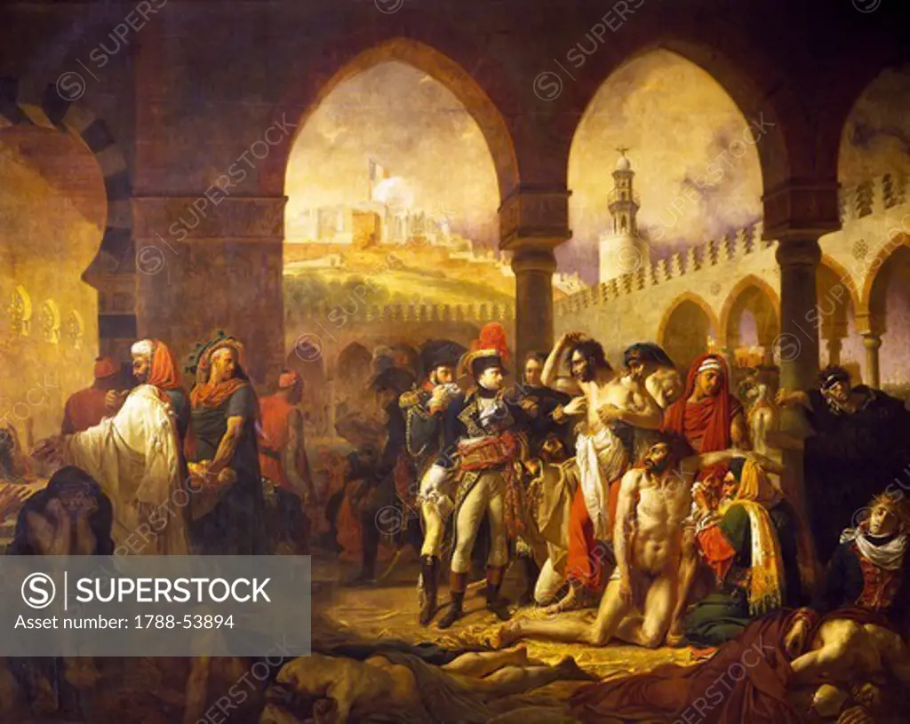 Napoleon visiting plague victims in Jaffa, March 11, 1799, painting by Antoine-Jean Gros (1771-1835), 1804, oil on canvas. French Revolutionary Wars, Israel, 18th century.