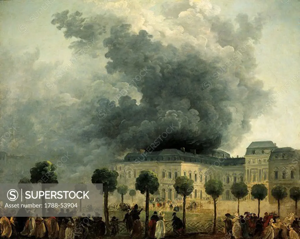 The fire at the Palais Royal Opera, 1781, painted by Hubert Robert. France, 18th century.
