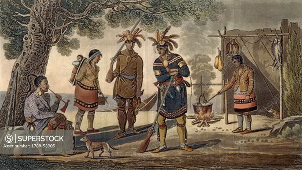 Native American costumes, colour engraving, copied from Herriot. Native American Civilization, United States, 19th century.