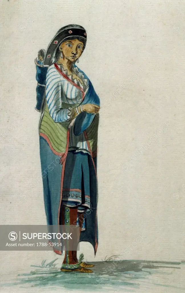 Mohawk squaw, watercolour. Native American Civilization, United States, 18th century.