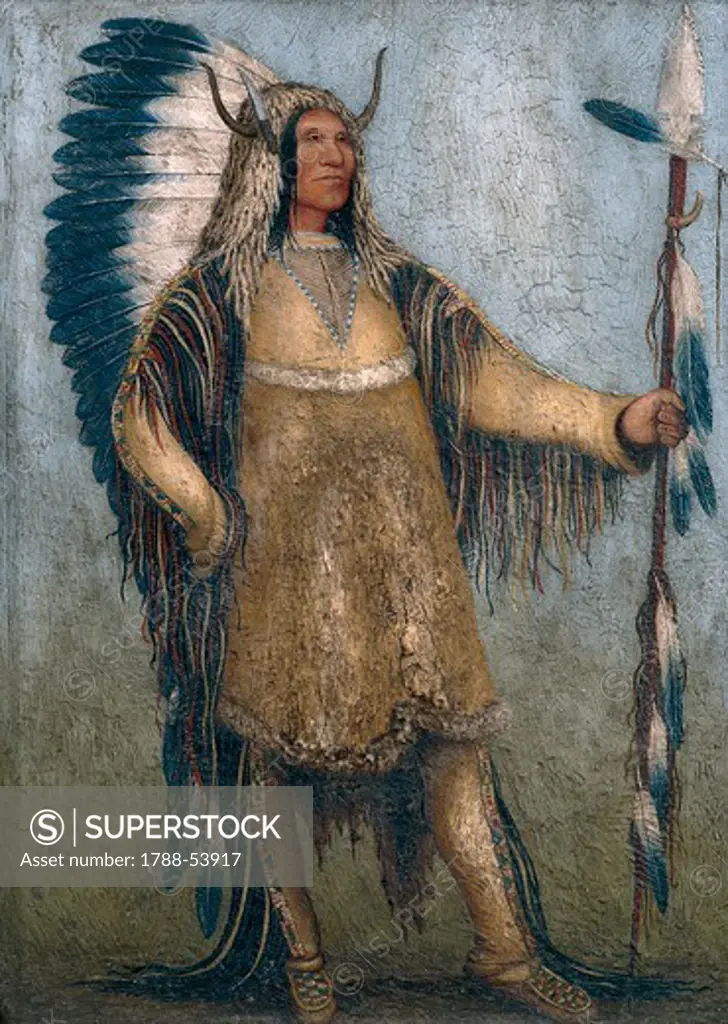 Native American chief, painting from the George Catlin school (1796 - 1872). Native American Civilization, United States, 19th century.