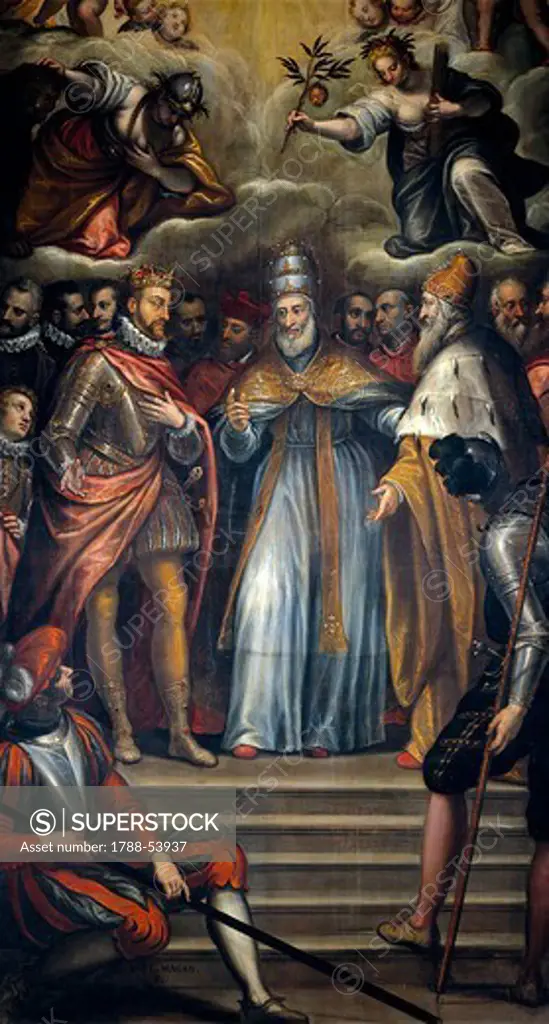 Alliance of Filippo II of Spain, the Doge Venier and Pope Pius V against the Turks, 1571, by Alessandro Maganza (1556-after 1630). Holy League, Italy-Spain, 16th century.
