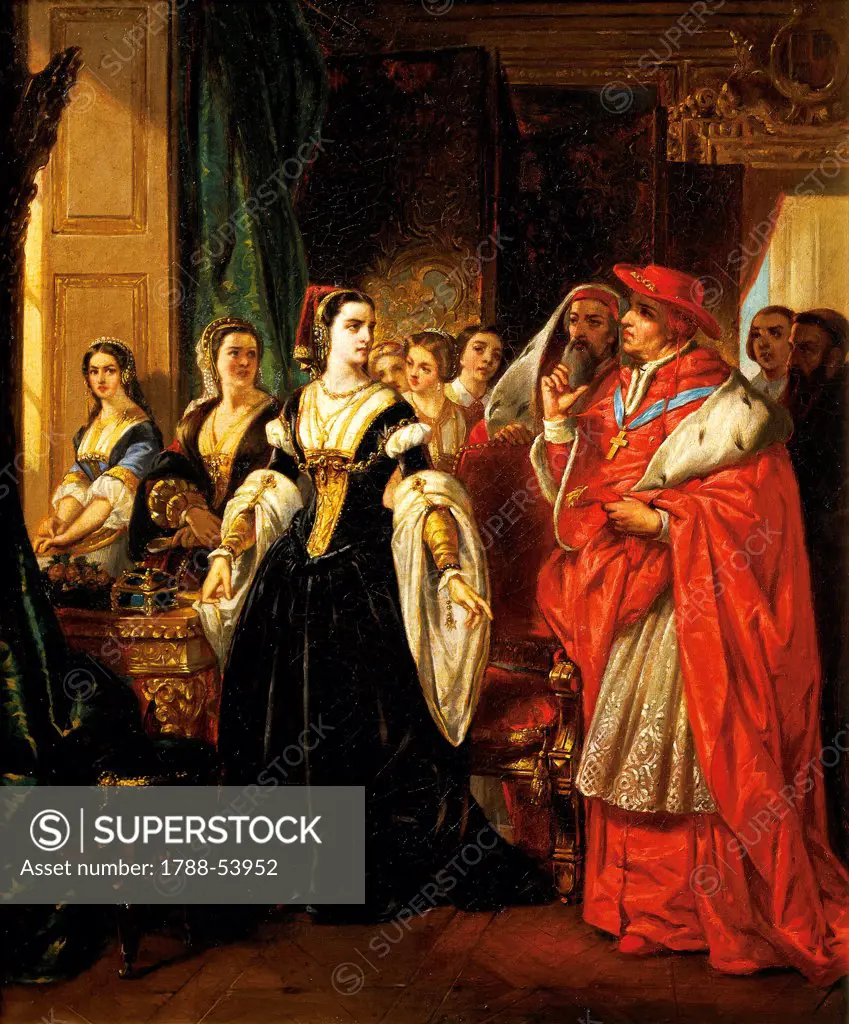 Henry VIII's divorce, Cardinal Wolsey with Catherine of Aragon, 1533, by Eugene Deveria (1805-1865), oil on canvas. Tudor, England, 16th century.