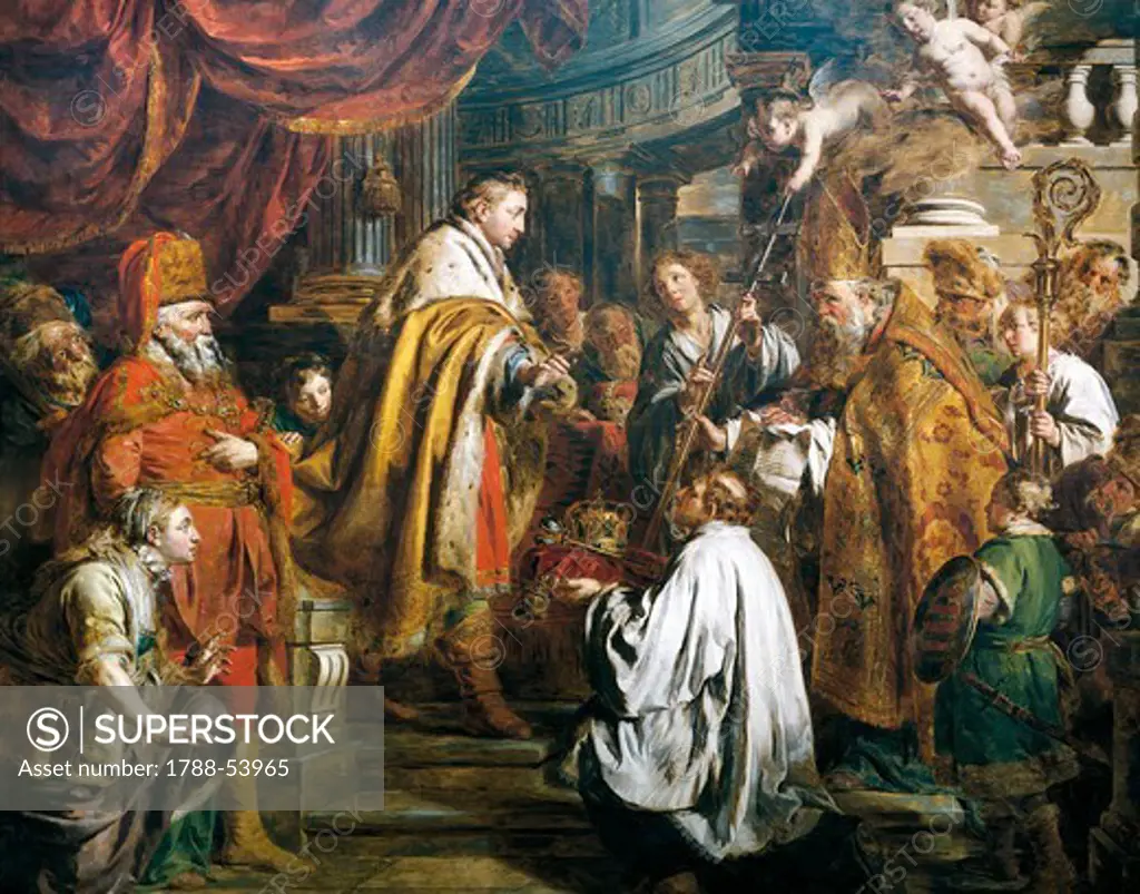 Stephen I receiving the crown of Hungary from Pope Sylvester II, 1000, by Pierre Joseph Verhaghen (1728-1811). Hungary, 11th century.