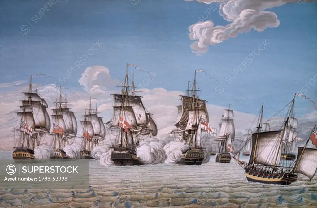 Battle between the Danish and English navies, July 25, 1800, watercolour painted in 1803 by Conrad Christian Parneman (1774-1823). Napoleonic Wars, Denmark 18th century.