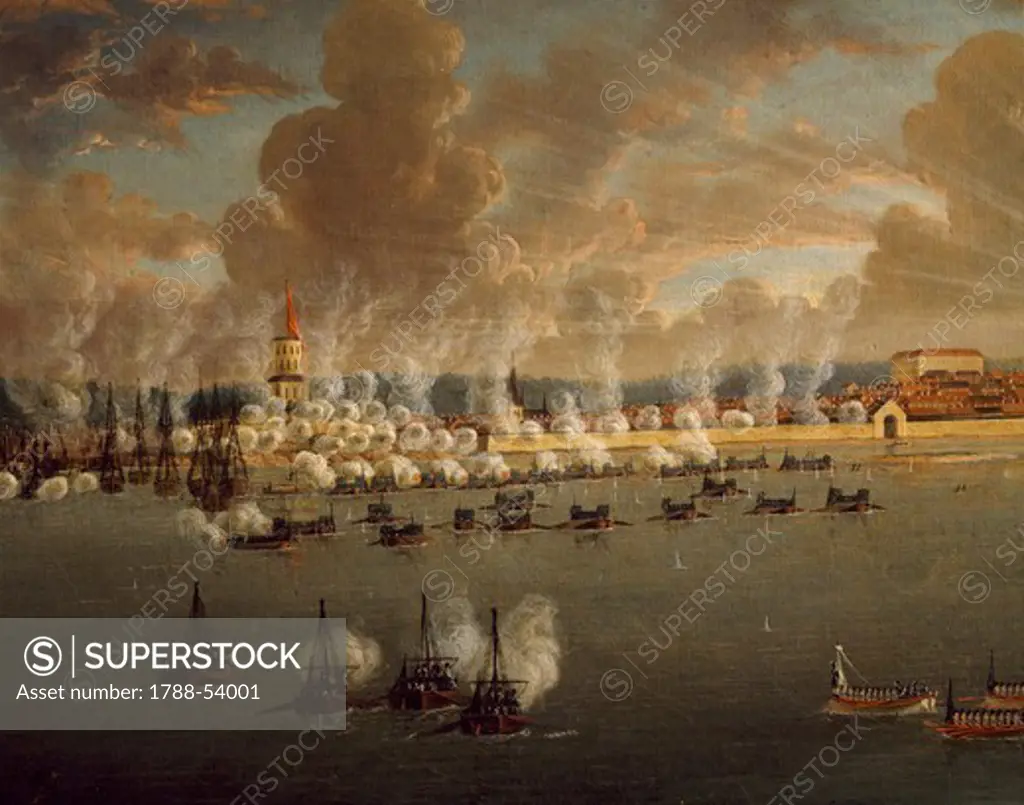 Gustav III's Swedish fleet laying seige to Frederikshavn, May 20, 1790, by Johan Tietrich Schoultz (1754-1807). Russian-Swedish wars, Danish, 18th century.
