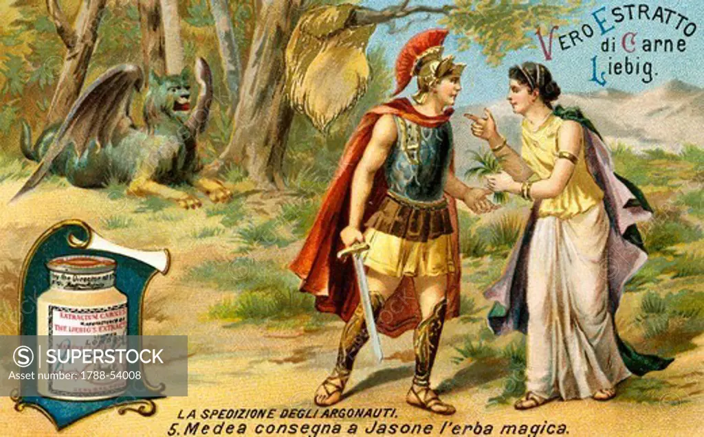 The voyage of the Argonauts, Medea gives the magic herb to Jason, 1892, Liebig figurine.