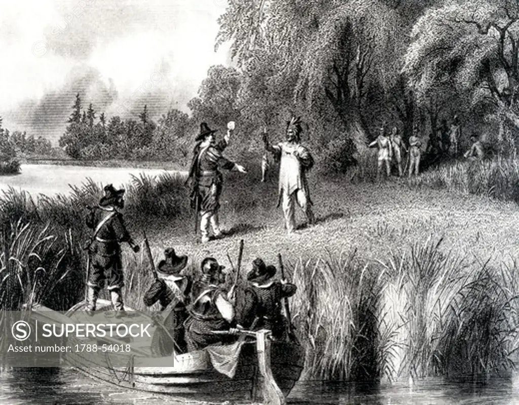 Negotiations with the Indians on the Charles River. Conquest of the West, the United States, 17th century.