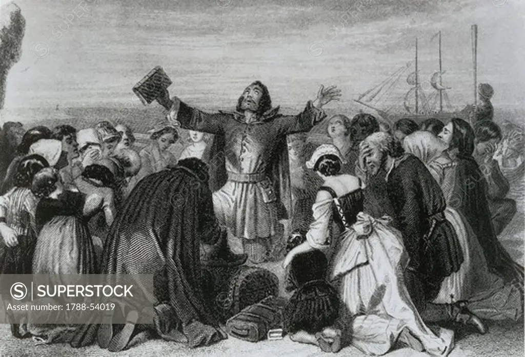 Prayer of the Pilgrim Fathers leaving Delfhaven (Rotterdam). The Netherlands, 17th century.