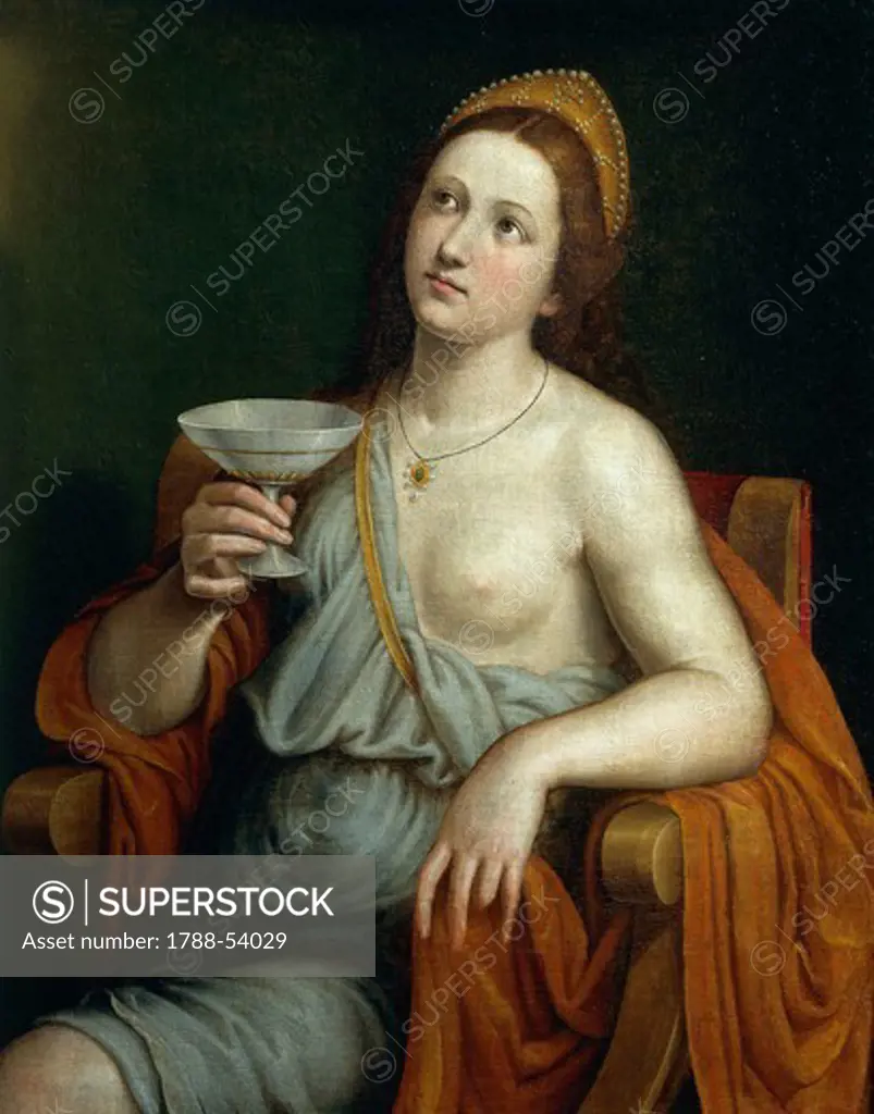 Sophonisba drinking the poison, by Giovanni Francesco Caroto (ca 1480-1555), oil on panel. Punic Wars, 3rd-2nd century BC.