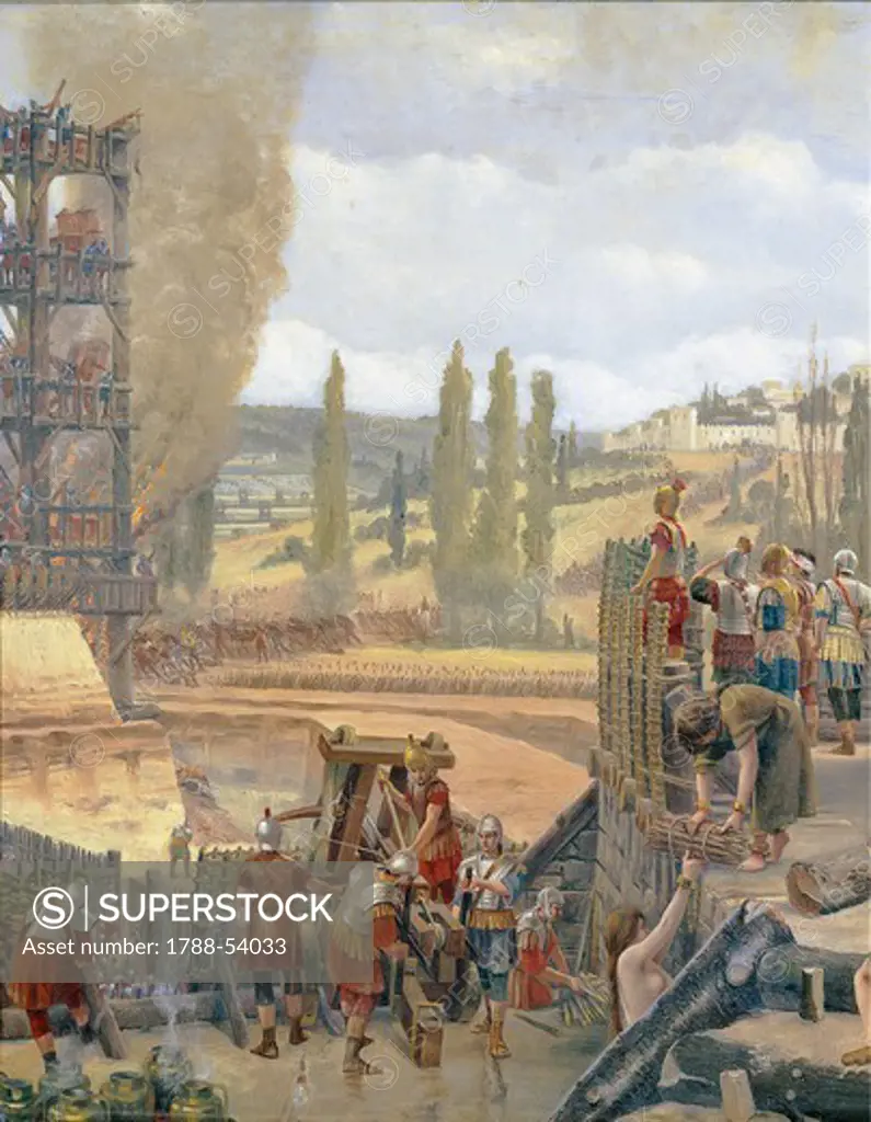 Roman soldiers load a catapult, detail from The Siege of Alesia in 52 BC, by Henry Paul Motte (1846-1922). Conquest of Gaul, France, 1st century BC.