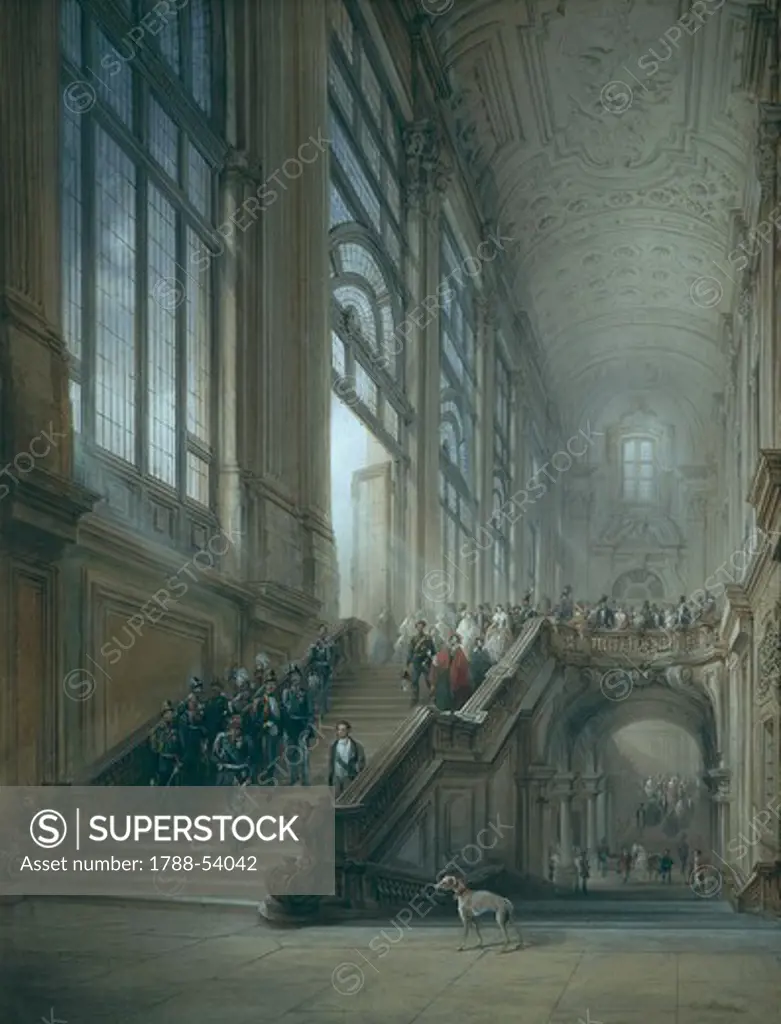 King Victor Emmanuel II, Cavour, the ministers and the court descending the staircase of Palazzo Madama in Turin after the inauguration of the fifth subalpine term, December 19, 1853, by Carlo Bossoli (1815-1884), gouache on paper. Unification era, Italy, 19th century.