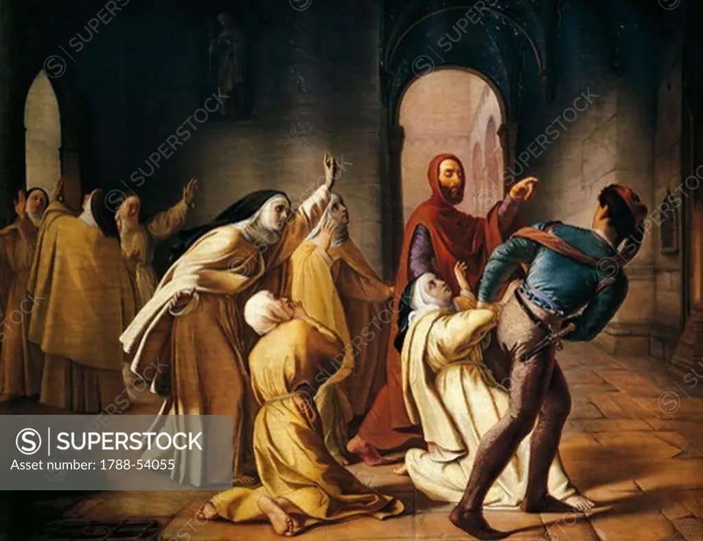 Piccarda Donati kidnapping from the Santa Chiara convent by her brother Corso, by Lorenzo Toncini (1802-1884), oil on canvas, 107x138 cm. Middle Ages, Italy, 13th century.