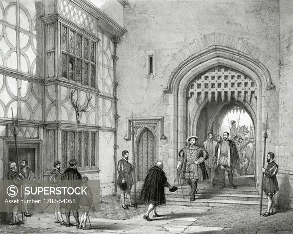 Henry VIII at Hever Castle in Kent, by Joseph Nash of the Elder (1808-78), engraving from the Mansions of England in the olden time, 1838-1849. Tudor age, England, 16th century.
