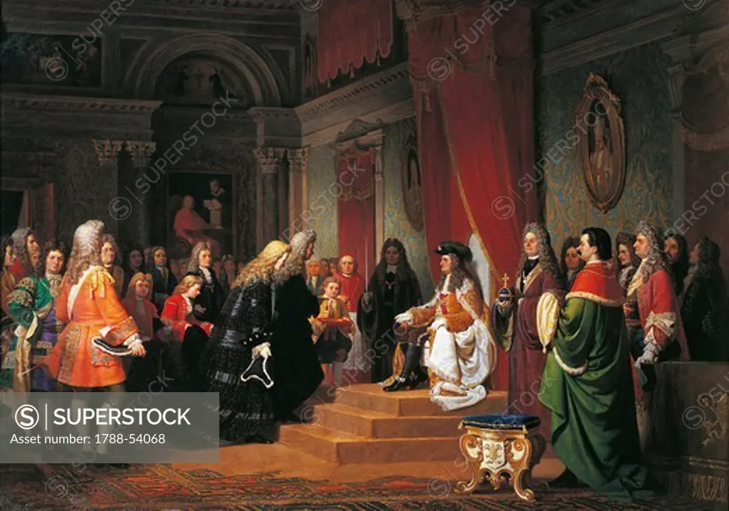 Emperor Charles VI giving an audience to Venetian ambassadors Pietro Capello and Andrea Corner in Trieste, September 11, 1728, by Francesco Beda (1840-1900). Italy, 19th century.