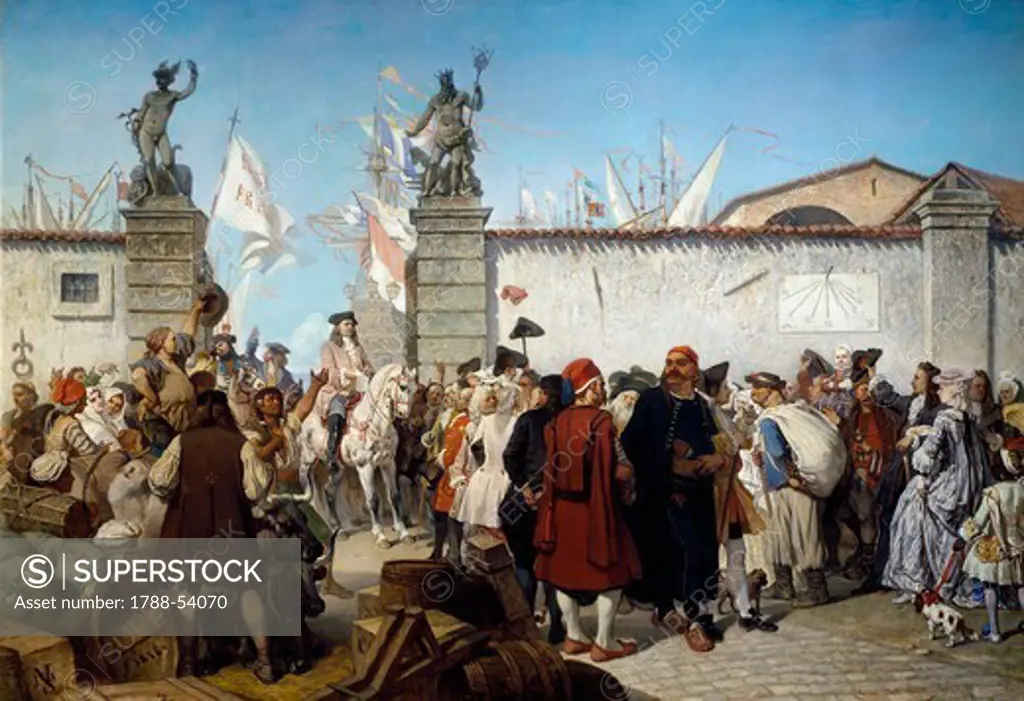 Proclamation of the free port of Trieste, 1719, by Cesare dell'Acqua (1821-1905), 1855, oil on canvas. Habsburg Empire, Italy, 19th century.