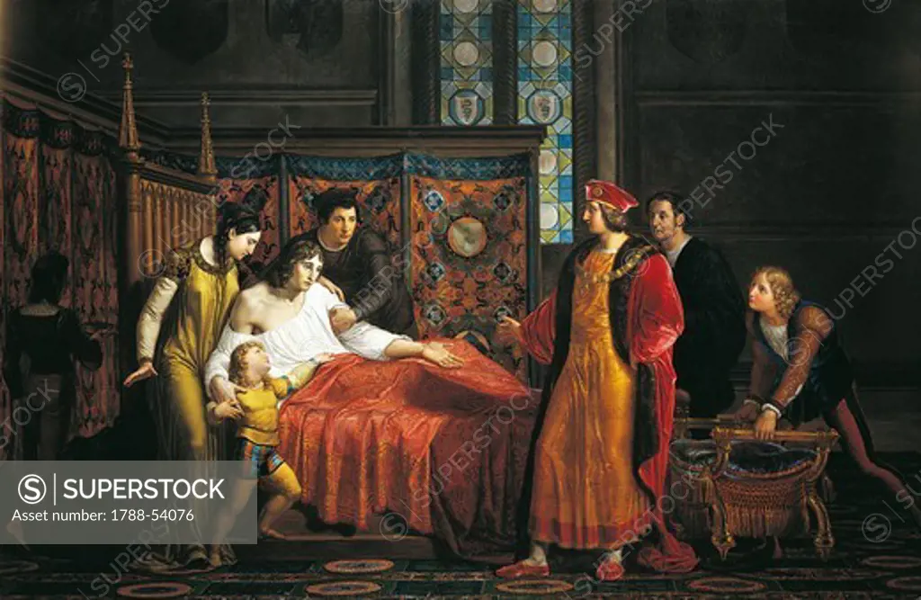Charles VIII visiting the dying Gian Galeazzo Sforza in Pavia Castle, 1494, by Pelagio Palagi (1775-1860), 1816, oil on canvas, 118x189 cm. Italy, 15th century.
