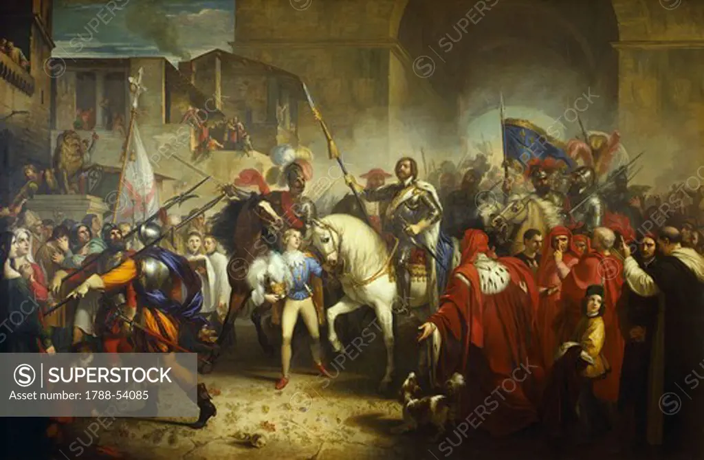 Charles VIII entering Florence, 1494, by Giuseppe Bezzuoli (1784-1855), 1829, oil on canvas, 290x356 cm. Wars of Italy, Italy, 15th century.