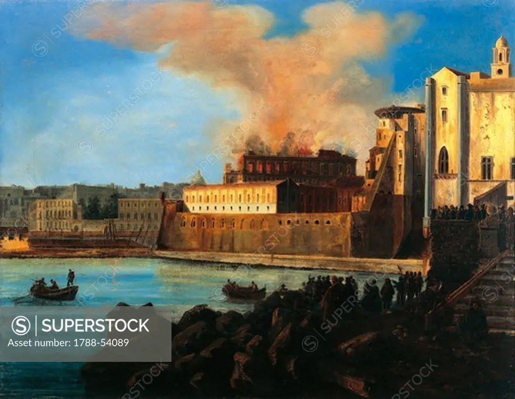 The burning of the Theatre San Carlo in Naples, February 12, 1816, by Anton Sminck Pitloo (1791-1837), oil on canvas, 51x65 cm. Italy, 19th century.