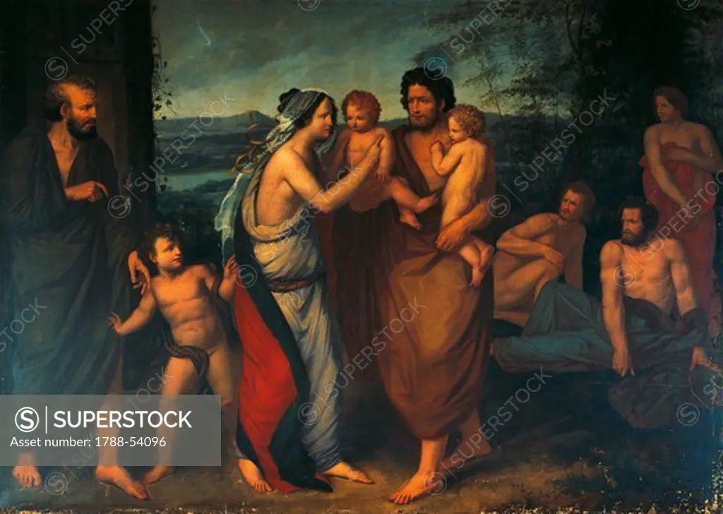 Faustulus bringing Romulus and Remus to his wife Lucrezia, by Felice Cattaneo (ca 1790-1827), oil on canvas, 163x223 cm. Roman Kingdom, Italy, 8th century BC.