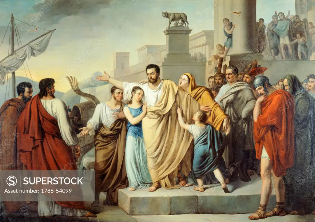 Atilius Regulus taking leave of his family to begin his journey Carthage to face certain death, Nappi Sigismund (1804-1832), 1826, oil on canvas, 164x230 cm. First Punic War, Italy third century BC.