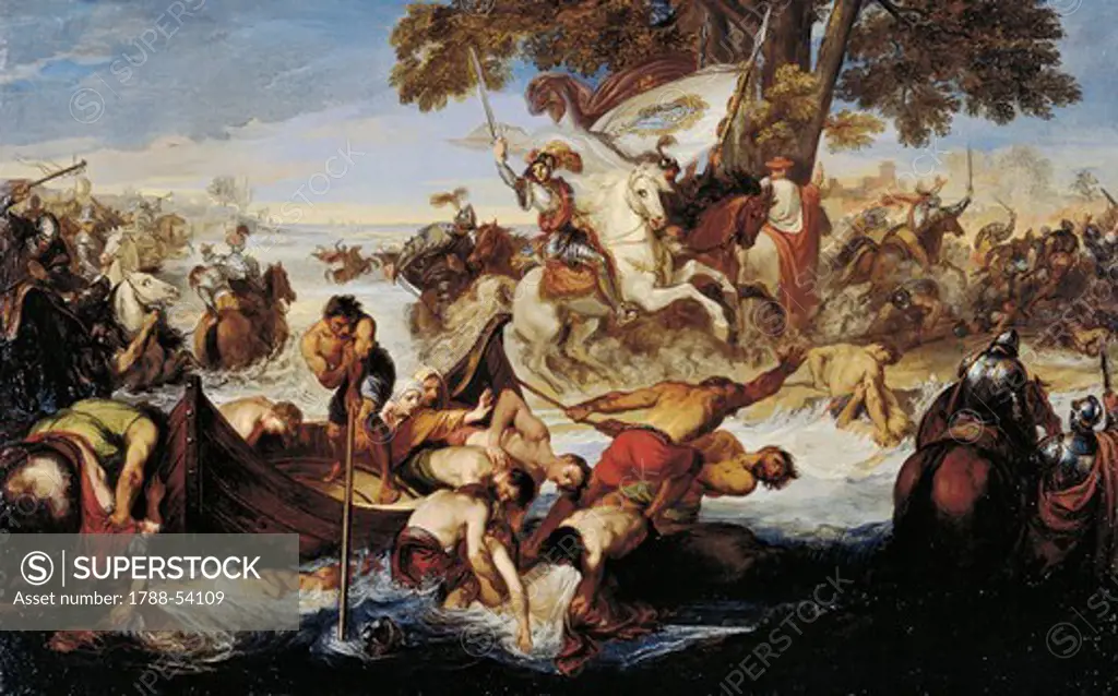 Giovanni delle Bande Nere's army crossing the Adda, by Giuseppe Bezzuoli (1784-1855), 1852, oil on canvas, 56x90 cm. Fourth War of Italy, Italy, 16th century.