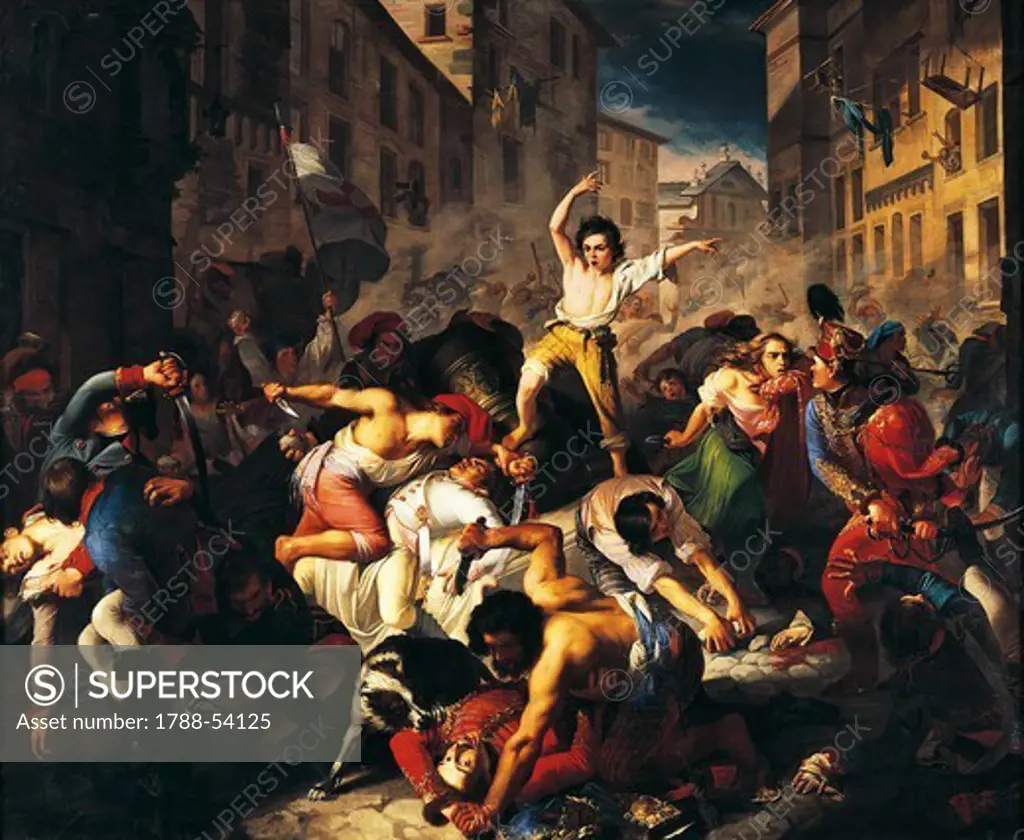 Expulsion of Germans from Genoa as a result of the Balilla Revolt, 1746, by Emilio Busi and Luigi Asioli (1817-1877), 1842, oil on canvas, 305x368 cm. War of Austrian Succession, Italy 19th century.