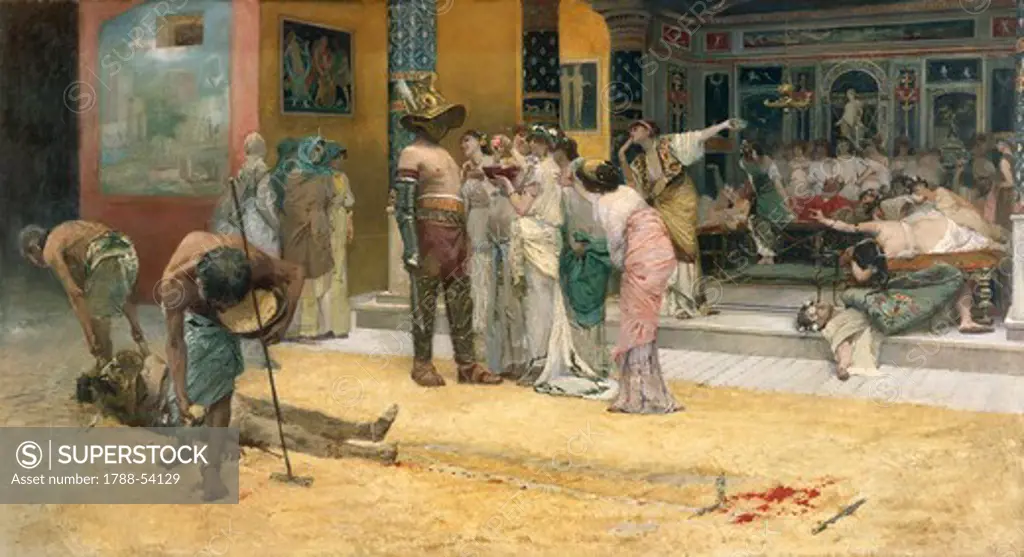 Gladiatorial combat during a dinner at Pompei, by Francesco Netti (1832-1894), 1880, oil on canvas, 115x208 cm. Detail.