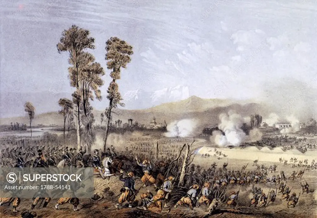 The Battle of Palestro, May 31, 1859, lithograph. Second War of Independence, Italy, 19th century.