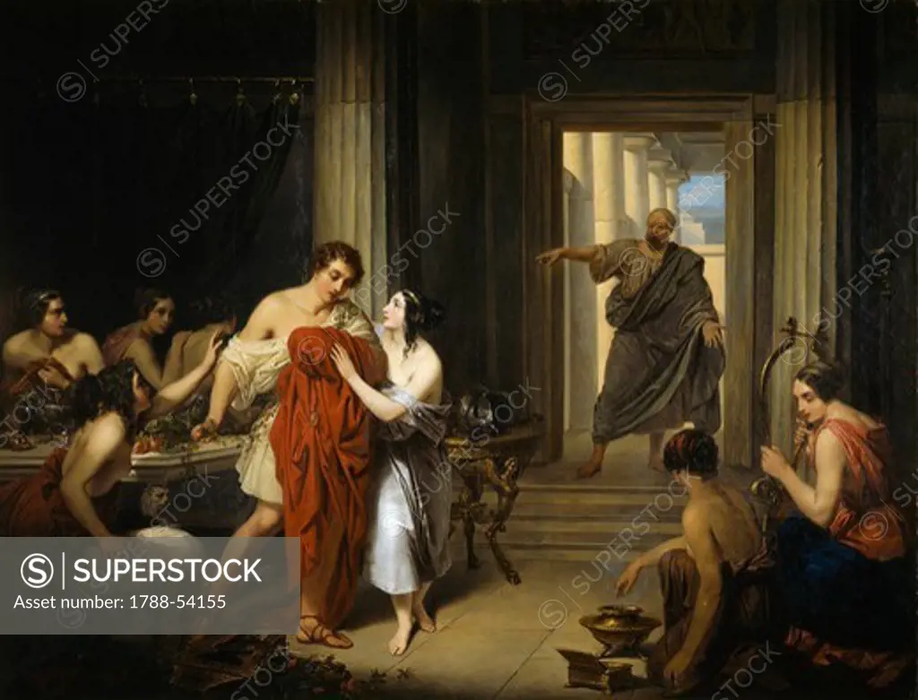 Alcibiades amongst the hetaerae, by Cosroe Dusi (1808-1859), oil on canvas, 85x111 cm. Ancient Greece, 6th century BC.