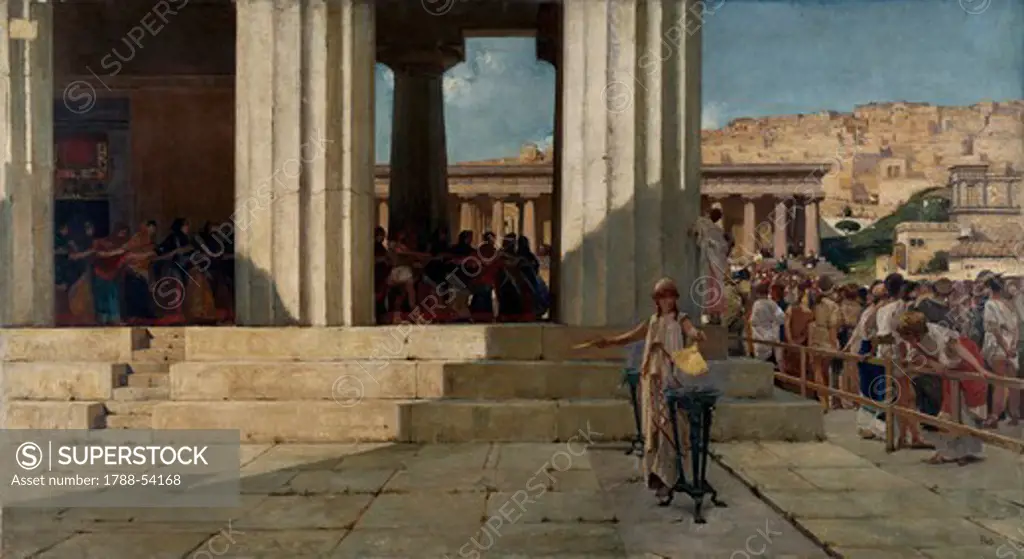 Ancient chorus leaving the temple, by Francesco Netti (1832-1894), oil on canvas, 113x207 cm.
