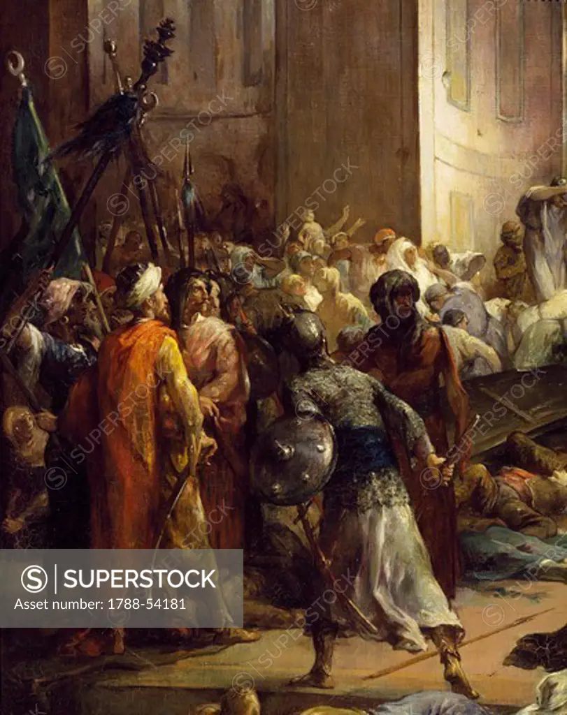 Group of Arabs, detail from Napoleon Bonaparte in the Grand Mosque in Cairo in 1798, painting by Henri Leopold Levy (1840-1904), 1890, oil on canvas. French Revolutionary Wars, Egypt, 18th century.