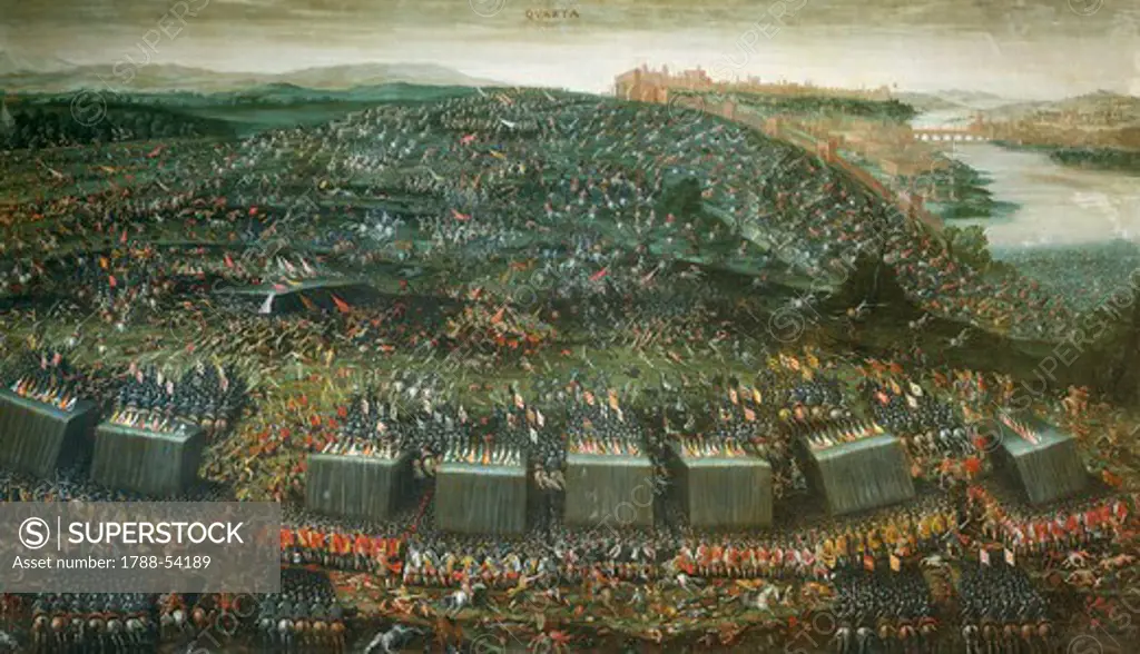 The defeat and flight of the Hungarian and Bohemian armies defeated by the allied Imperial army, detail from the Fourth phase of the Battle of White Mountain near Prague on 7-8 November 1620. Painting by Pieter Snayers (1592-1667) preserved in the Church of Santa Maria della Vittoria, Rome. Thirty Years' War, Czech Republic, 17th century.