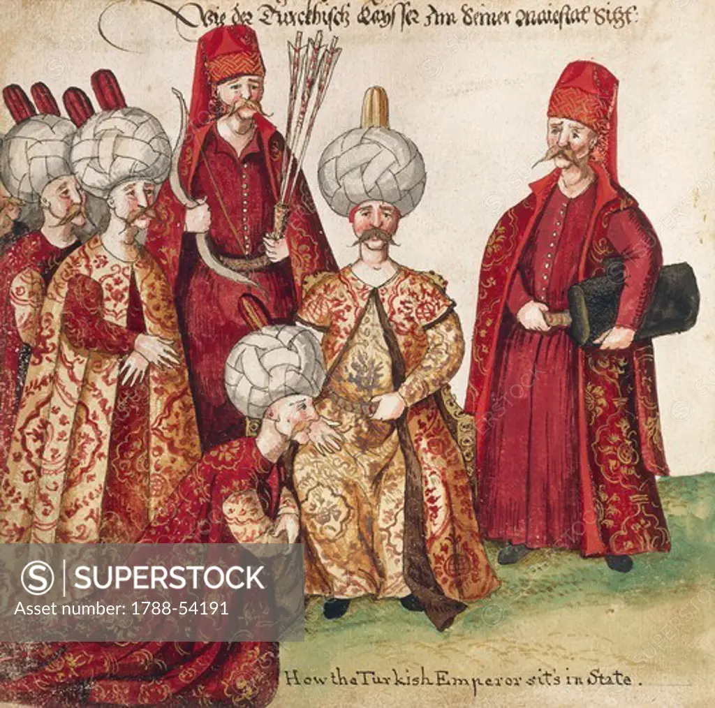 The Turkish Sultan with his officers, 1712, watercolour print. Turkey, 18th century.